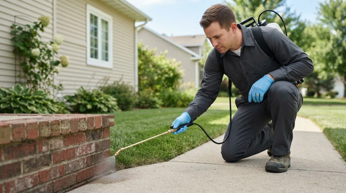 Pest control technician treating a home near Hale, MI